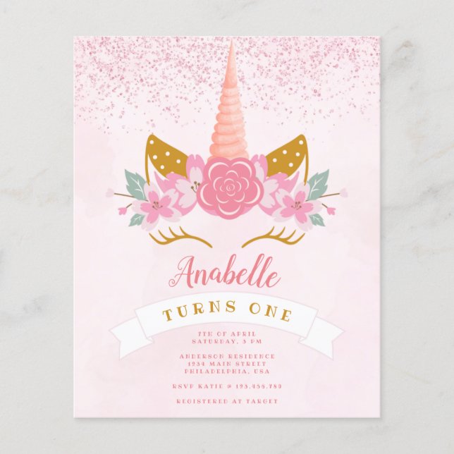 Papier Budget Whimsical Pink Rainbow Unicorn Anniversaire (Devant)