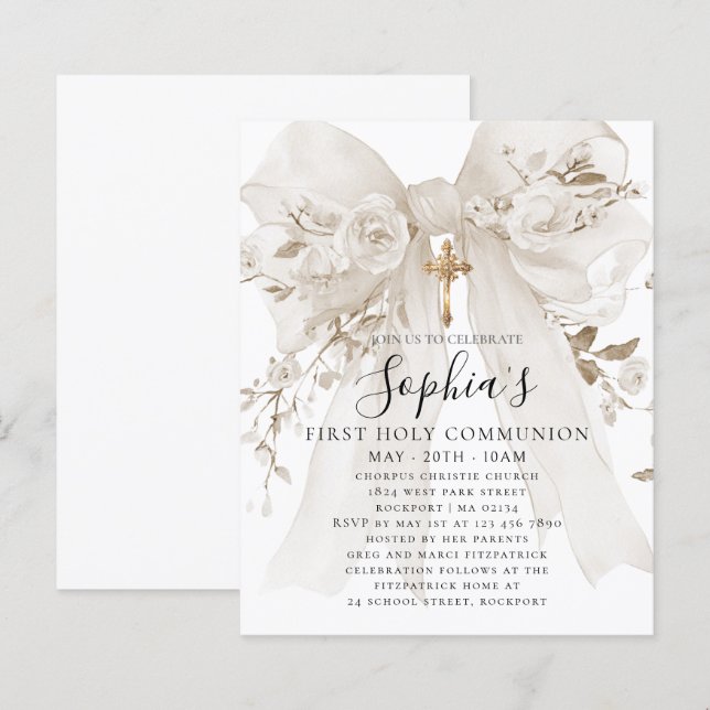 Papier BUDGET White Bow Rose First Communion Invite (Devant / Derrière)