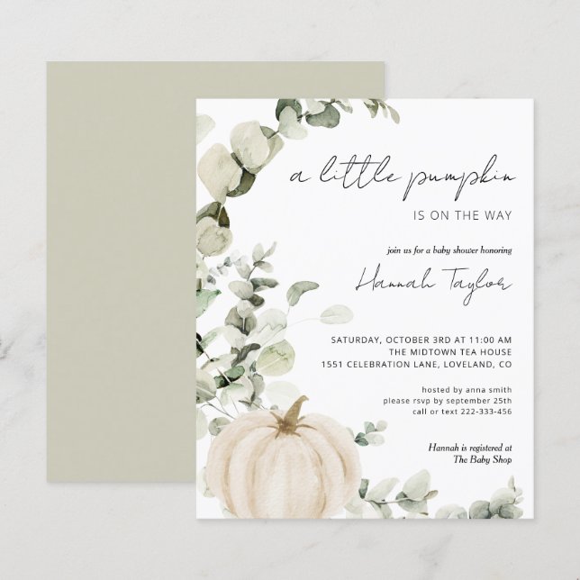 Papier Budget White Citrouille Automne Baby shower Invita (Devant / Derrière)