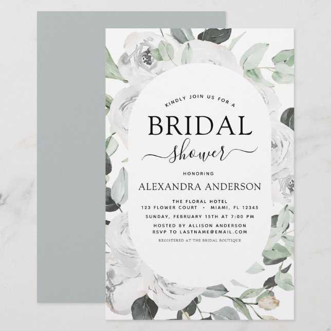 Papier Budget White Rose Fête des mariées Floral Invitati (Devant / Derrière)