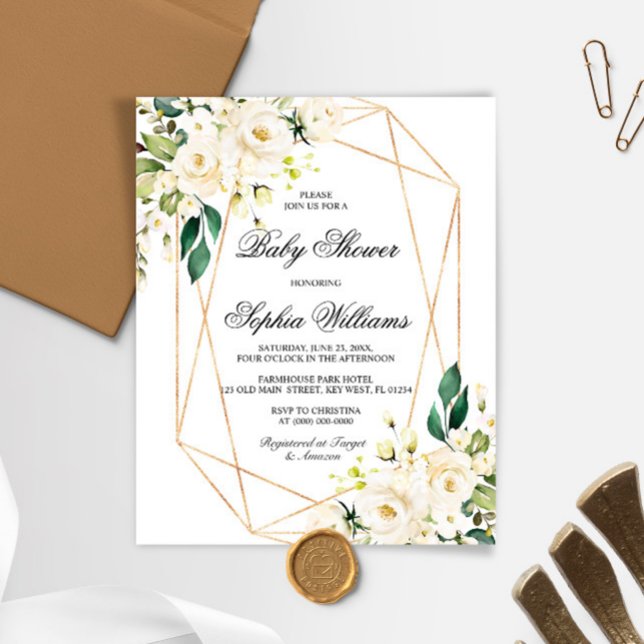 Papier Budget White Rose & Green Baby Shower Invitation (Créateur téléchargé)