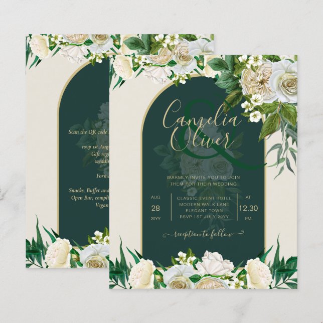 Papier BUDGET White Roses Forêt Vert Mariage d'hiver INV (Devant / Derrière)