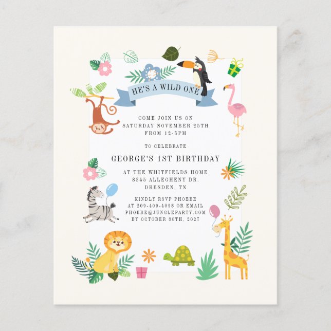 Papier Budget Wild One Animaux 1er Invitation anniversair (Devant)