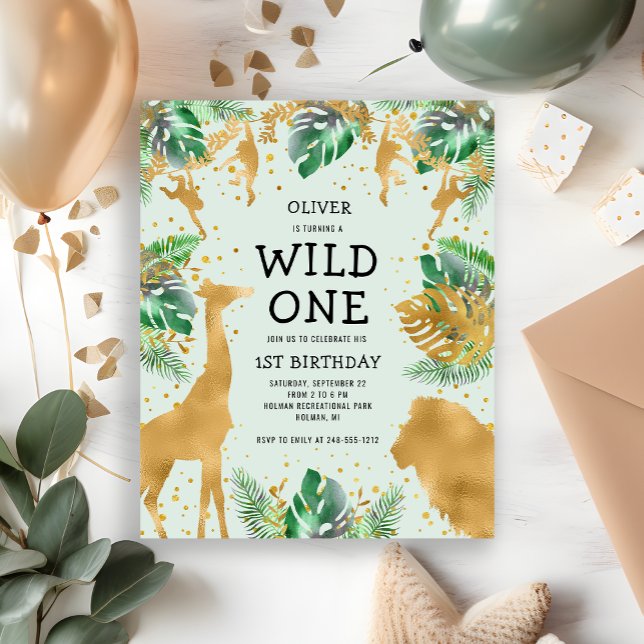 Papier Budget Wild One Green Gold Safari Invitation (Créateur téléchargé)