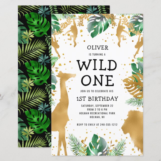 Papier Budget Wild One Safari 1er anniversaire Invitation (Devant / Derrière)