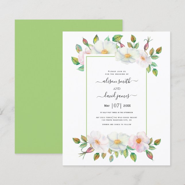 Papier BUDGET Wild rose vert faire-part de mariage (Devant / Derrière)