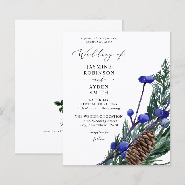 Papier Budget Winter Blue Berries & Pine Greenery Mariage (Devant / Derrière)