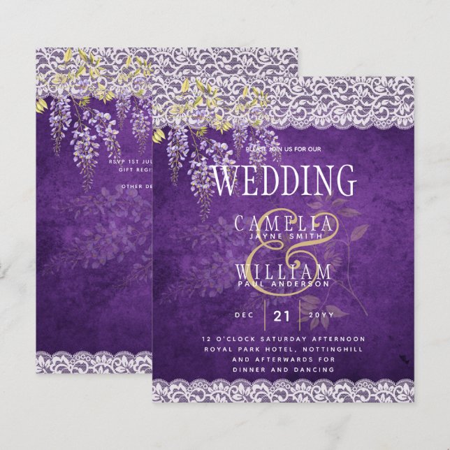 Papier BUDGET Wisteria Purple Floral Lace Mariage INVITE (Devant / Derrière)