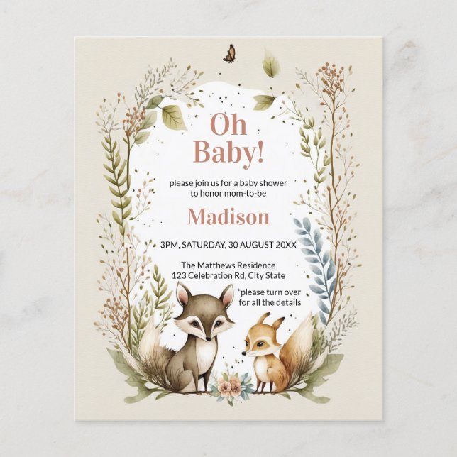 Papier Budget Woodland Animaux Fille Baby shower Invitati (Devant)