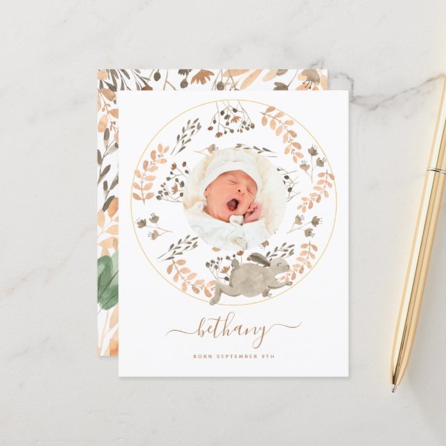 Papier Budget Woodland Baby Photo Faire-part de naissance (Devant/Arrière en situation)