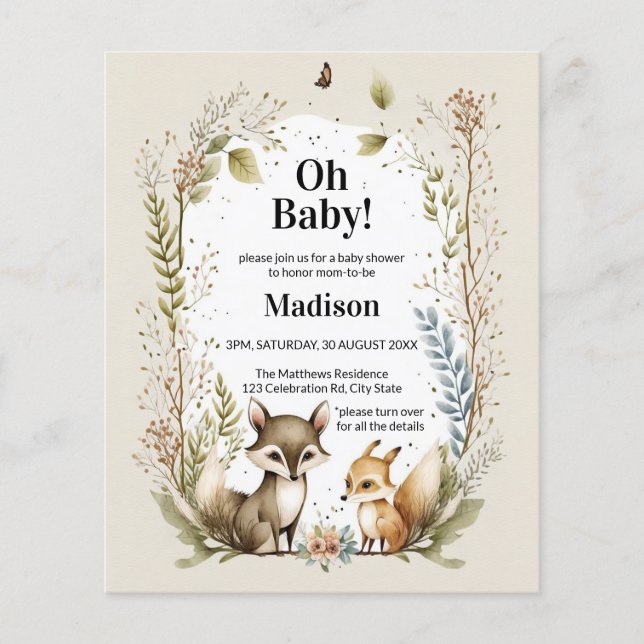 Papier Budget Woodland Créatures Baby shower Invitation (Devant)