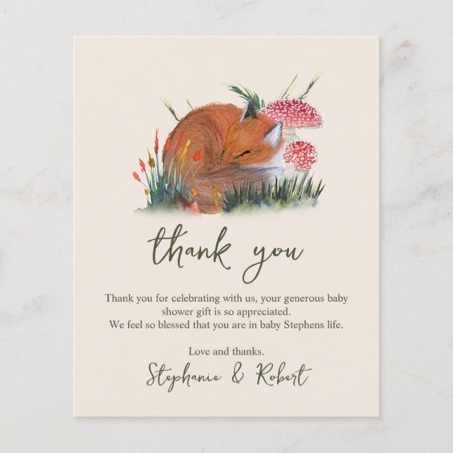 Papier Budget Woodland Sleepy Fox Baby shower Merci (Devant)