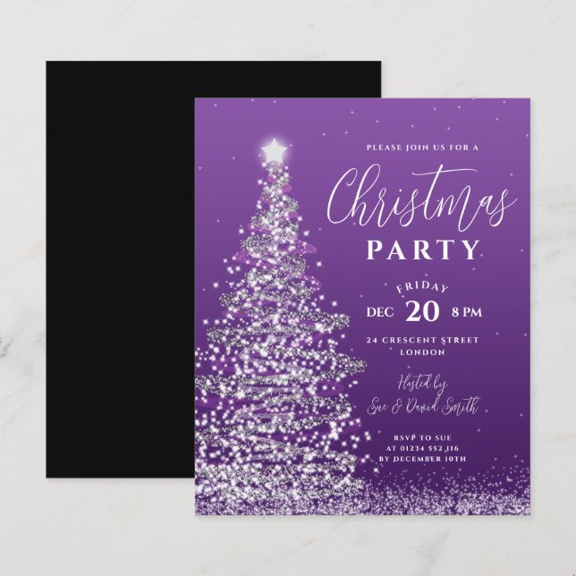 Papier Budget Xmas Arbre Argent Purple Invitation de vaca (Devant / Derrière)