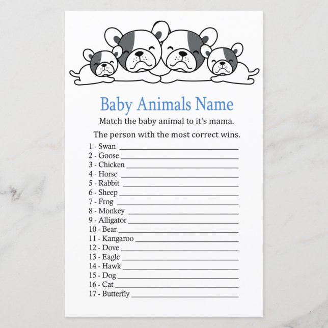 Papier Bulldog Baby Animaux Nom Jeu (Devant)