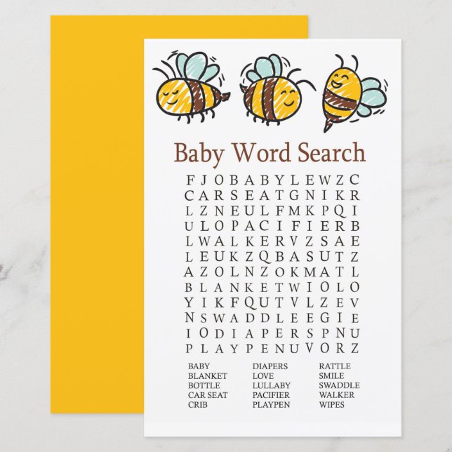 Papier Bumble Bee Baby shower Word Recherche Jeu (Devant / Derrière)