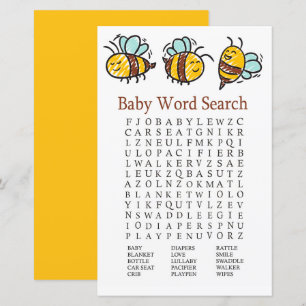Papier Bumble Bee Baby shower Word Recherche Jeu