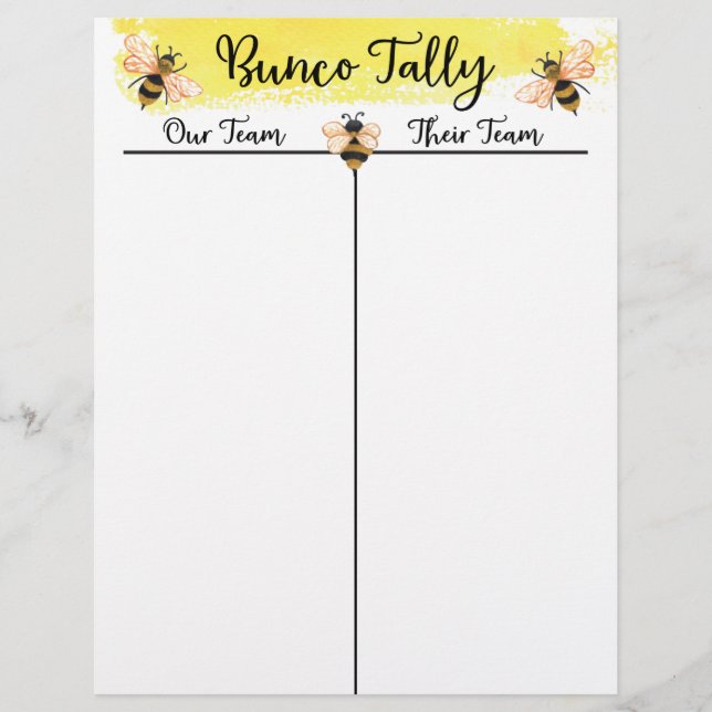 Papier Bunco Tally Score Sheet Bee (Devant)