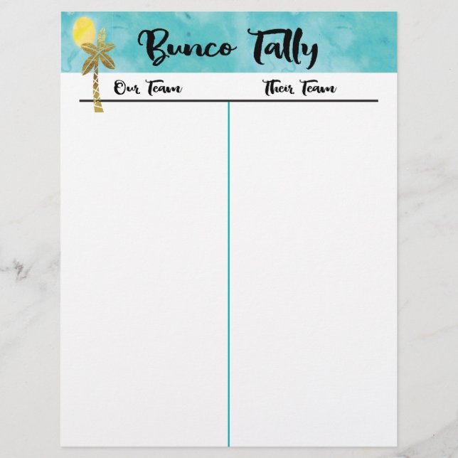 Papier Bunco Tally Sheet - Plage Palm Tree Été Amusement (Devant)