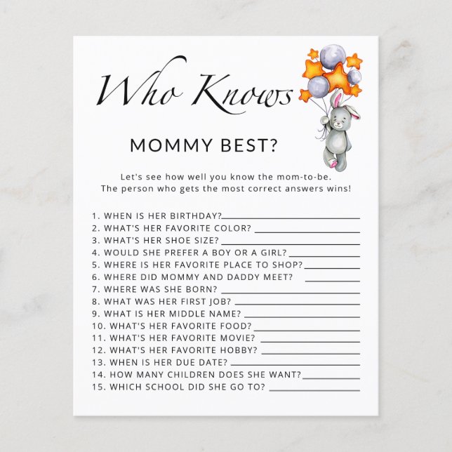 Papier Bunny baby shower Qui connaît maman meilleur jeu (Devant)