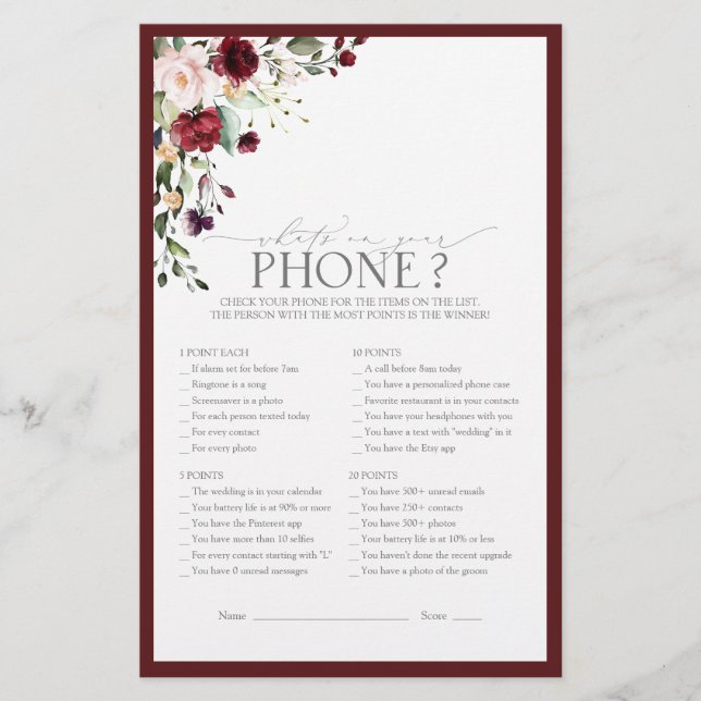 Papier Burgundy Aquarelle Floral Fête des mariées Jeu (Devant)