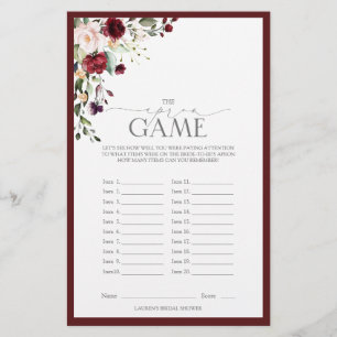 Papier Burgundy Aquarelle Floral Fête des mariées Jeu