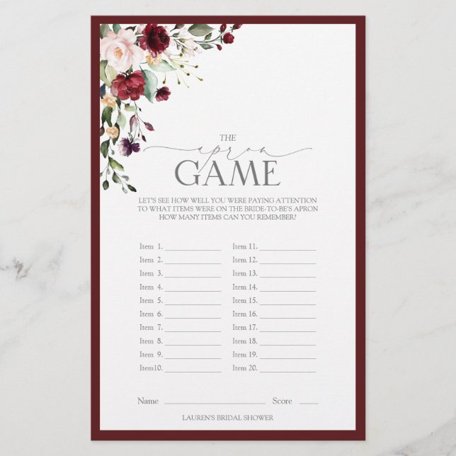 Papier Burgundy Aquarelle Floral Fête des mariées Jeu (Devant)