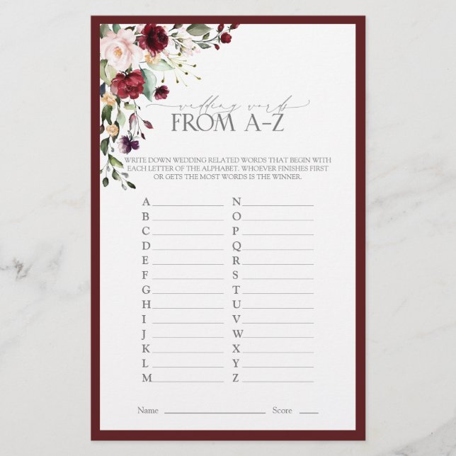 Papier Burgundy Aquarelle Floral Fête des mariées Jeu (Devant)