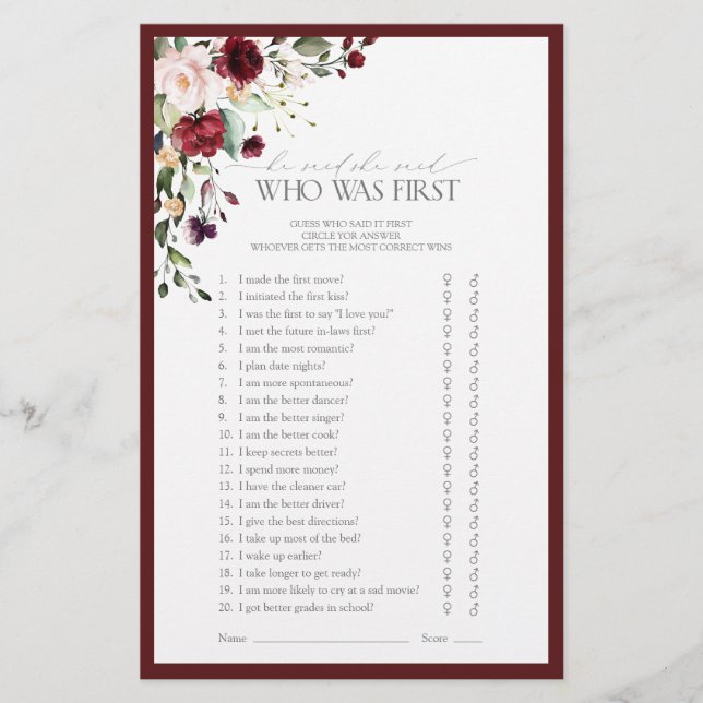 Papier Burgundy Aquarelle Floral Fête des mariées Jeu (Devant)