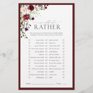 Papier Burgundy Aquarelle Floral Fête des mariées Jeu