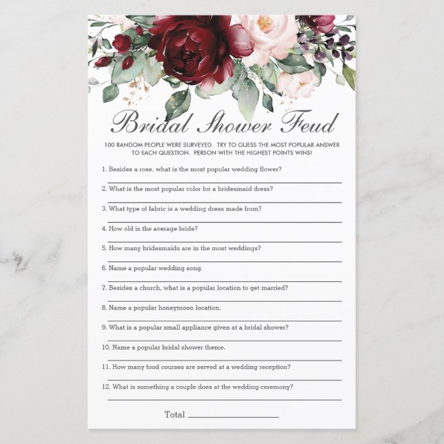 Papier Burgundy Blush Floral Fête des mariées Feud Jeu (Devant)