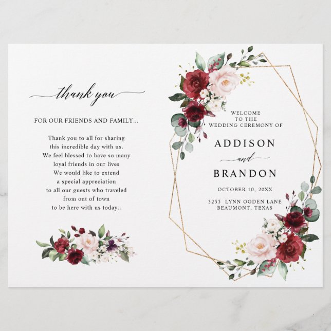 Papier Burgundy Blush Modern Geometric Wedding Program (Devant)