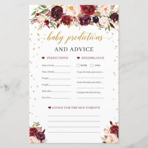Papier Burgundy floral bébé prédictions et le jeu de cons