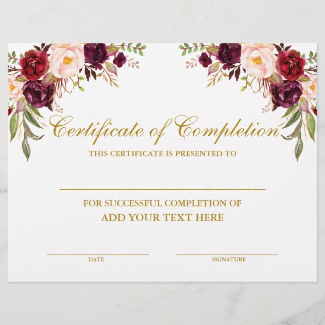 Papier Burgundy Floral Certificat d'achèvement Or (Devant)