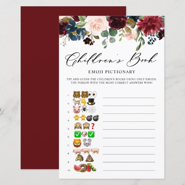 Papier Burgundy Floral Emoji Pictionary Baby shower jeu (Devant / Derrière)