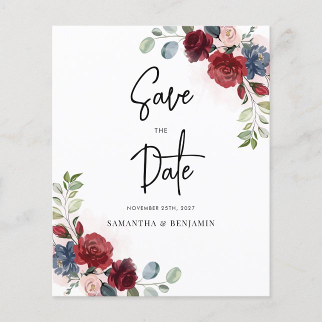 Papier Burgundy Floral Mariage Budget Enregistrer La Date (Devant)