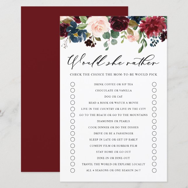 Papier Burgundy Floral Voudrait-Elle Plutôt Baby shower J (Devant / Derrière)