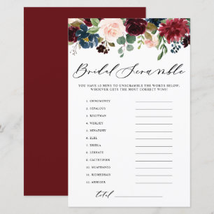 Papier Burgundy Floral Word Scramble Fête des mariées Jeu