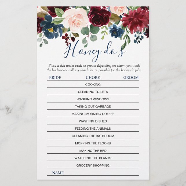 Papier Burgundy Navy Blush Flowers Jeux de Fête des marié (Devant)