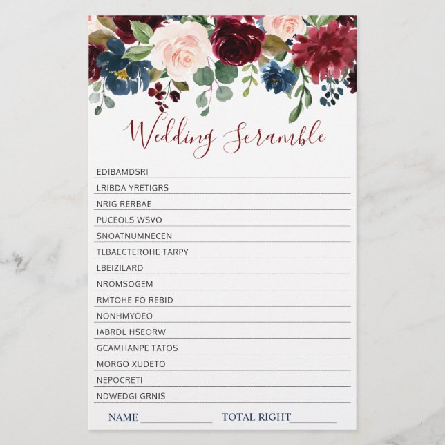 Papier Burgundy Navy Blush Flowers Jeux de Fête des marié (Devant)