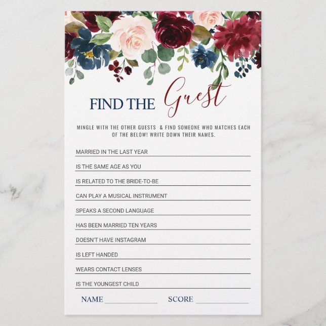 Papier Burgundy Navy Blush Flowers Jeux de Fête des marié (Devant)