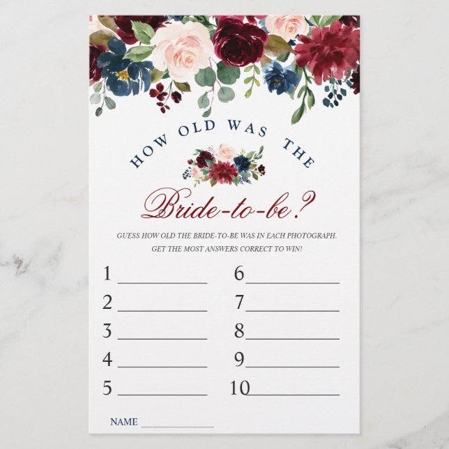 Papier Burgundy Navy Blush Flowers Jeux de Fête des marié (Devant)