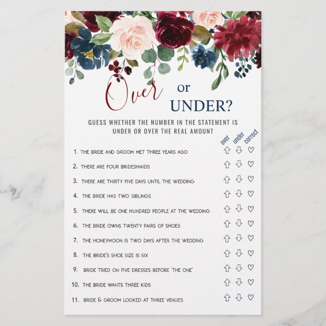 Papier Burgundy Navy Blush Flowers Jeux de Fête des marié (Devant)