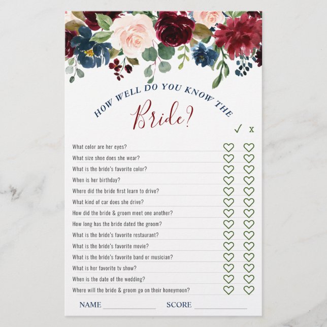 Papier Burgundy Navy Blush Flowers Jeux de Fête des marié (Devant)