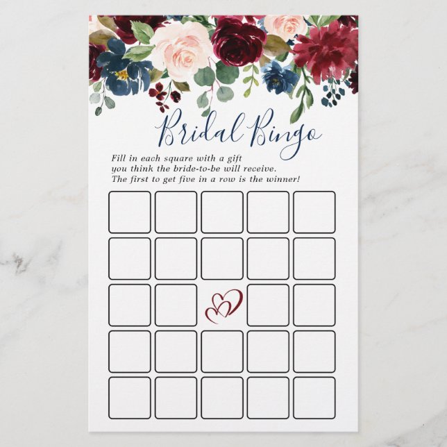 Papier Burgundy Navy Blush Flowers Jeux de Fête des marié (Devant)
