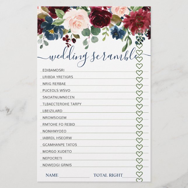 Papier Burgundy Navy Blush Flowers Jeux de Fête des marié (Devant)