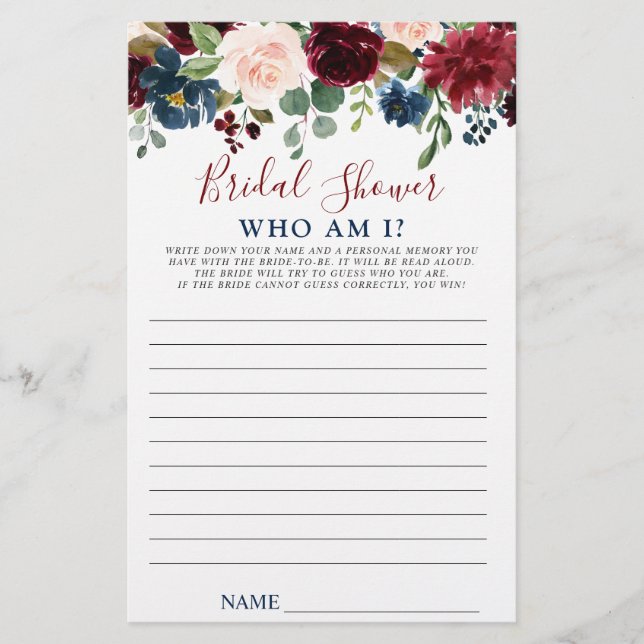 Papier Burgundy Navy Blush Flowers Jeux de Fête des marié (Devant)