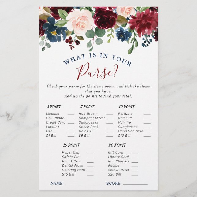 Papier Burgundy Navy Blush Flowers Jeux de Fête des marié (Devant)