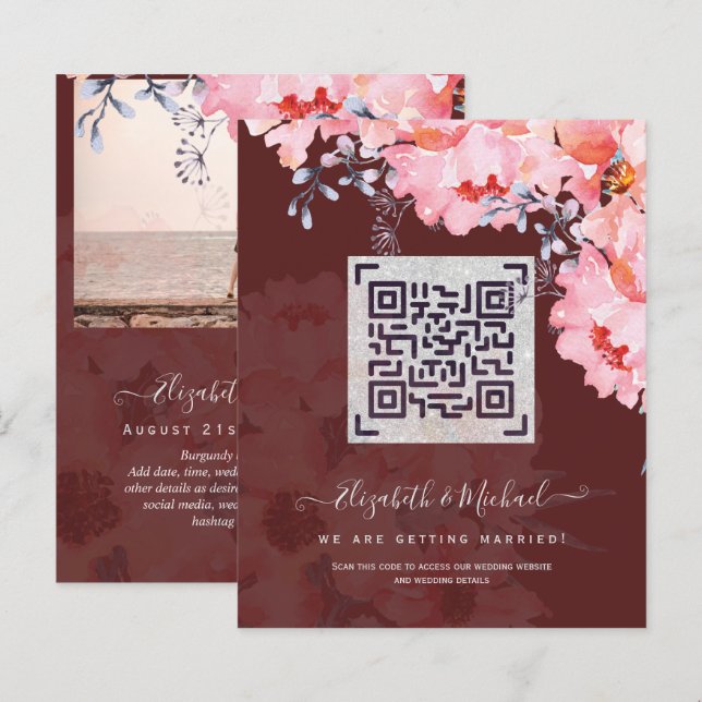 Papier Burgundy QR SCANNING CODE Mariage Site Web Invitat (Devant / Derrière)