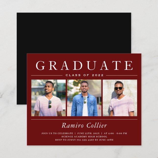 Papier Burgundy Red 3 Photo Graduation Invitations (Devant / Derrière)