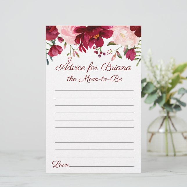 Papier Burgundy rose Floral Conseil Baby shower jeu (Debout devant)